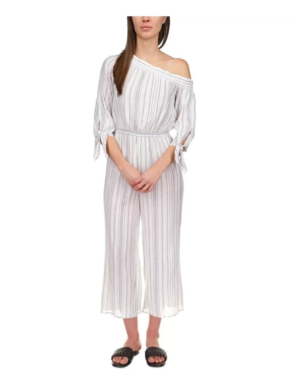 MICHAEL KORS Chambray Asymmetric One-Shoulder Jumpsuit White Size S Cotton $175
